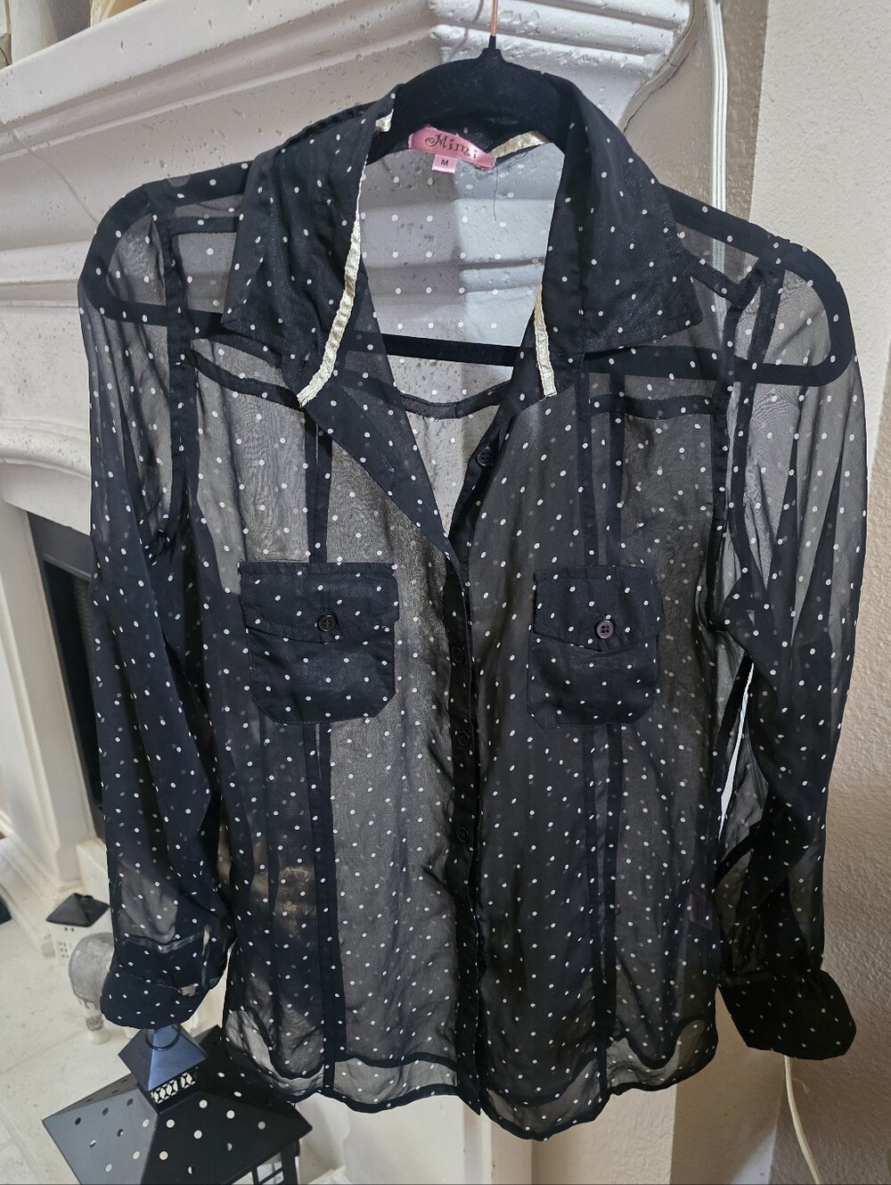Sheer Black Polka Dot Long-Sleeve Shirt Sz M
